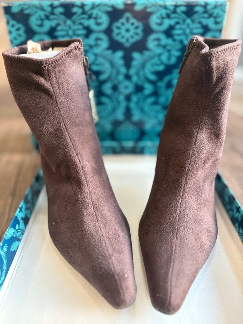Impo Chocolate Brown Suedy Stretch Pointed Toe Ankle Boots